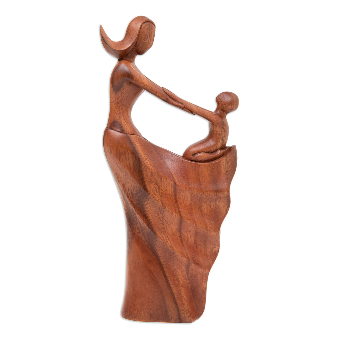 Semi-Abstract Brown Suar Wood Sculpture of Mother and Child - Motherly Affection