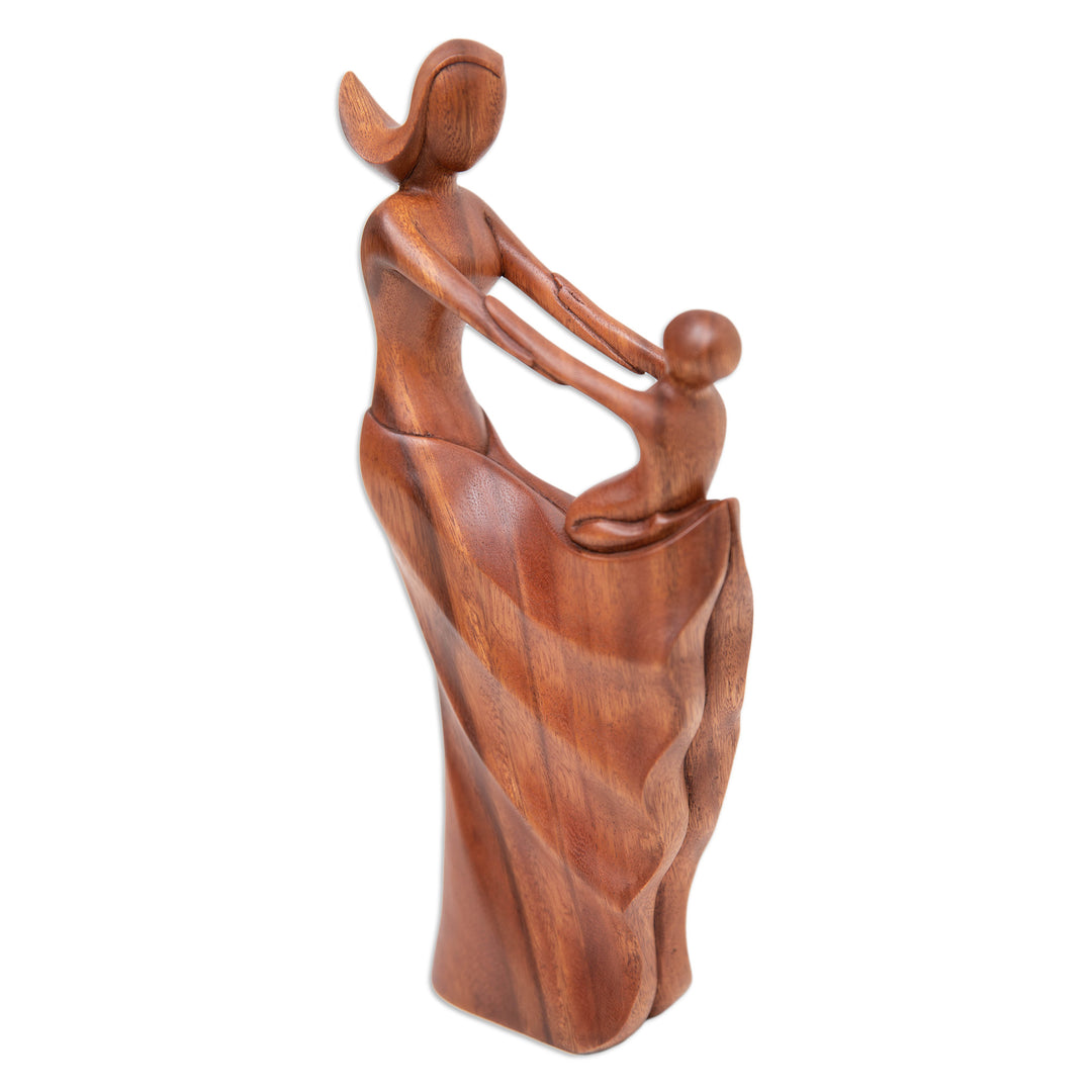 Semi-Abstract Brown Suar Wood Sculpture of Mother and Child - Motherly Affection