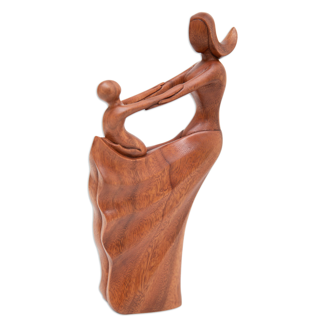 Semi-Abstract Brown Suar Wood Sculpture of Mother and Child - Motherly Affection