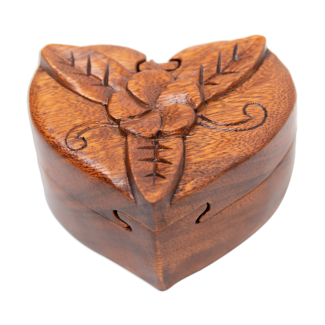 Hand-Carved Floral Brown Suar Wood Puzzle Box from Bali - Frangipani Challenge