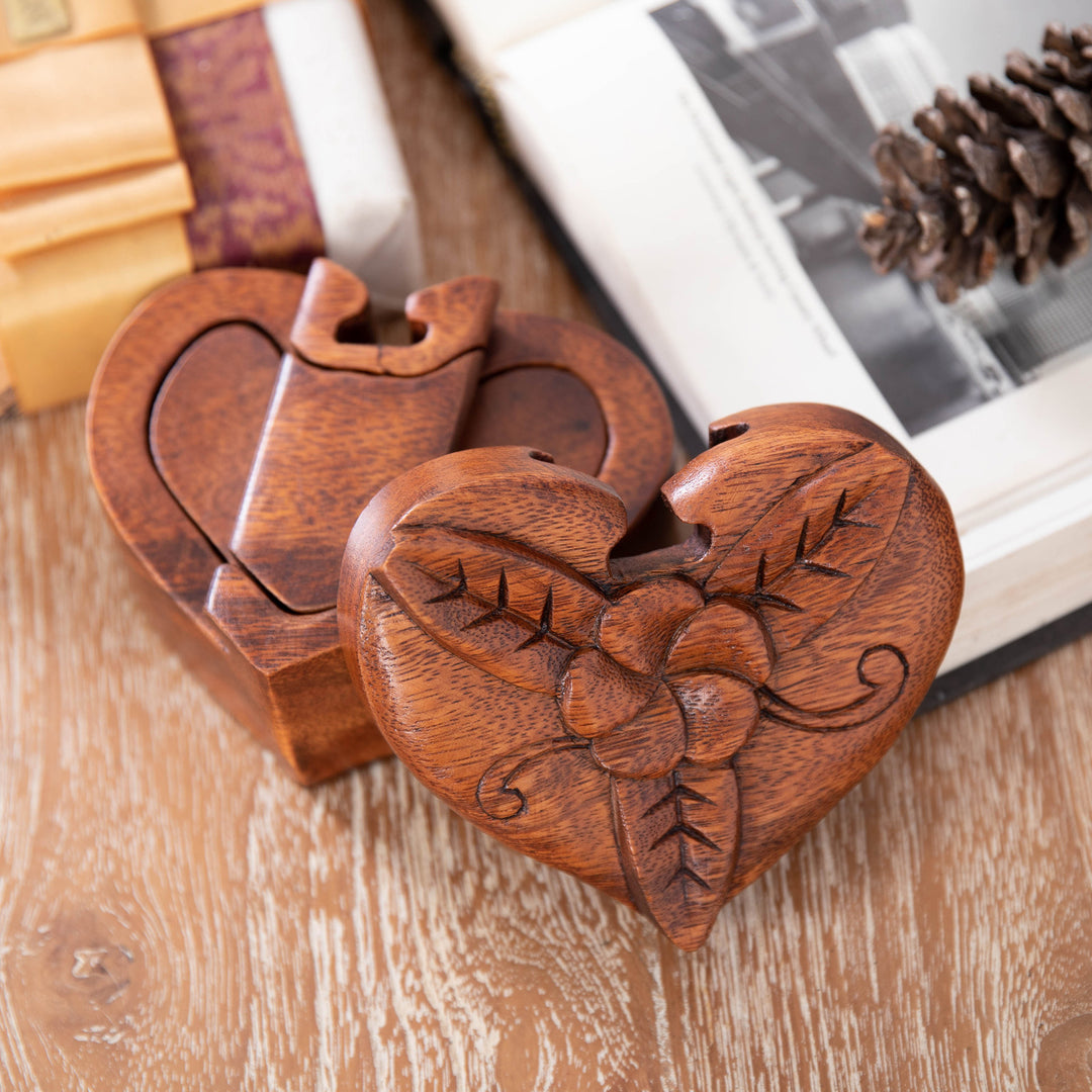 Hand-Carved Floral Brown Suar Wood Puzzle Box from Bali - Frangipani Challenge
