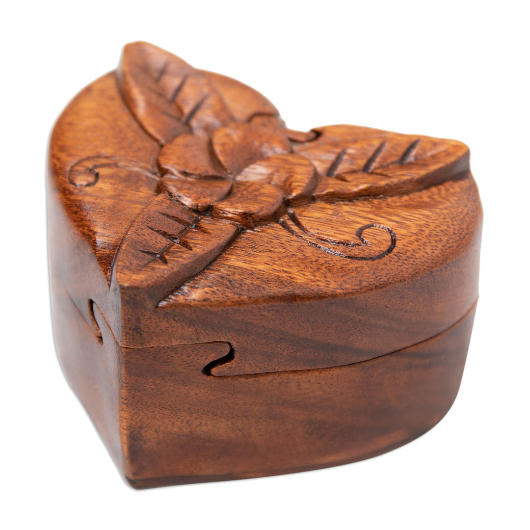 Hand-Carved Floral Brown Suar Wood Puzzle Box from Bali - Frangipani Challenge