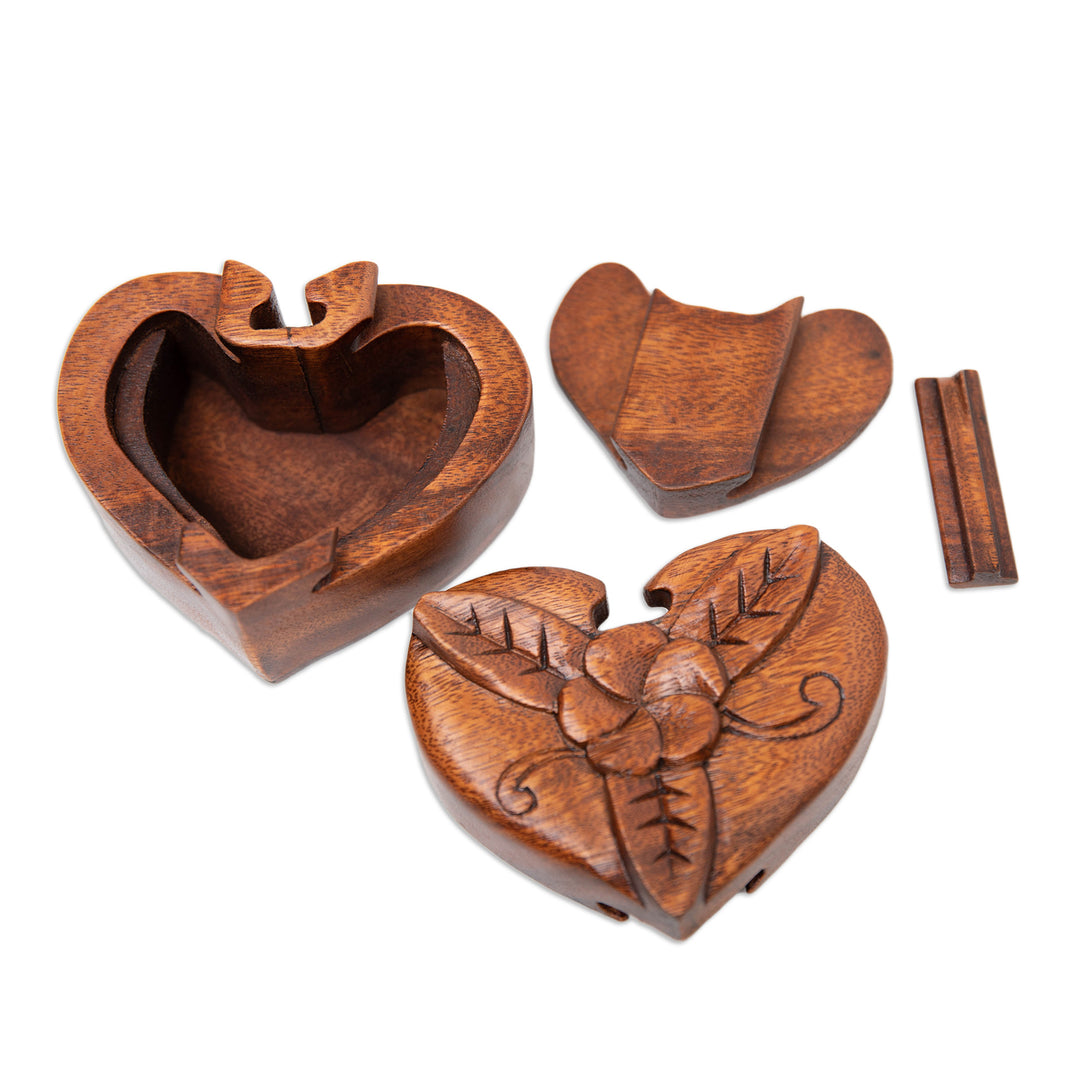 Hand-Carved Floral Brown Suar Wood Puzzle Box from Bali - Frangipani Challenge