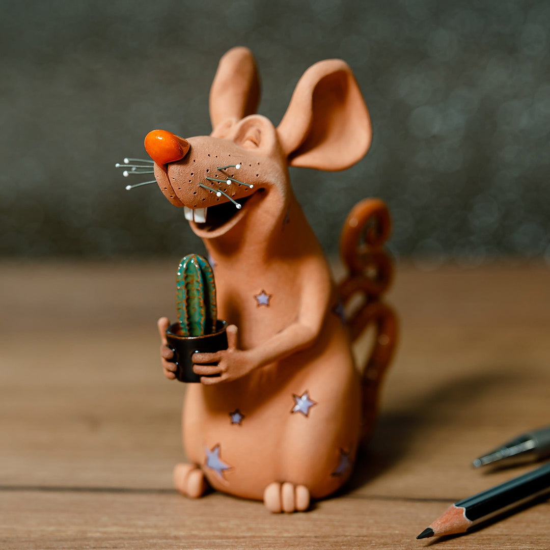 Mouse with Cactus Ceramic Figurine Made and Painted by Hand