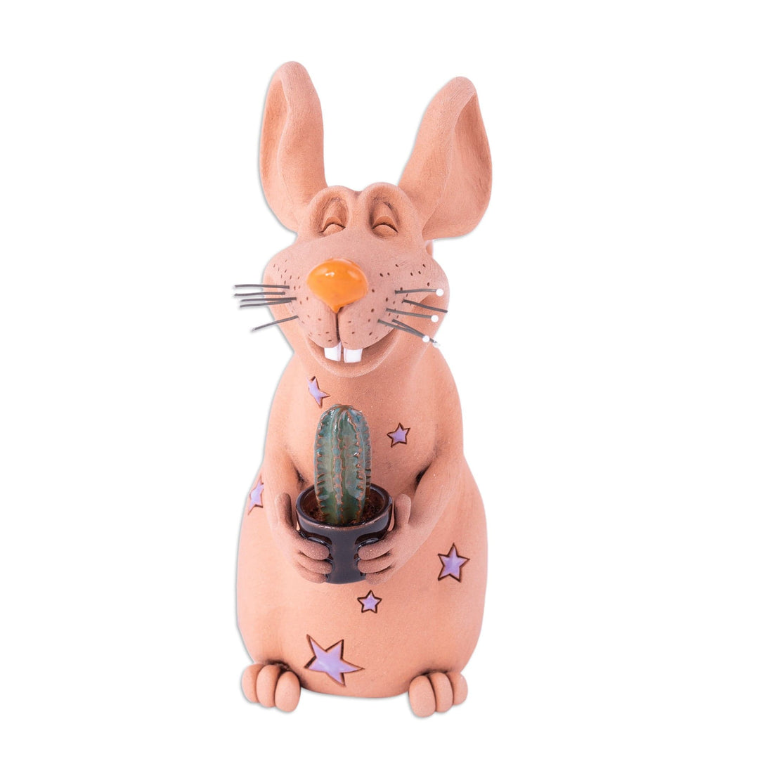 Mouse with Cactus Ceramic Figurine Made and Painted by Hand - Cactus Mouse