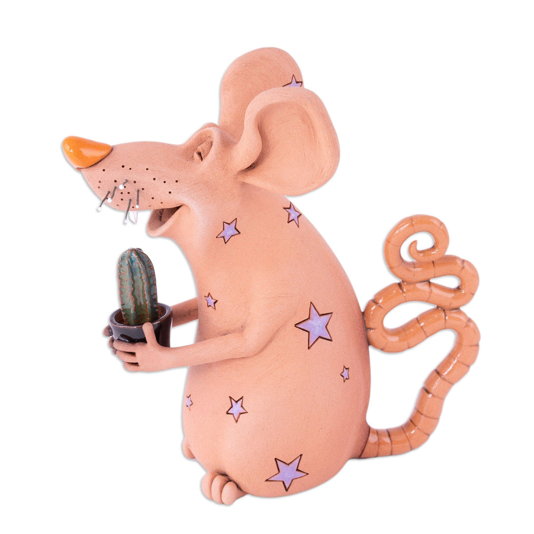 Mouse with Cactus Ceramic Figurine Made and Painted by Hand