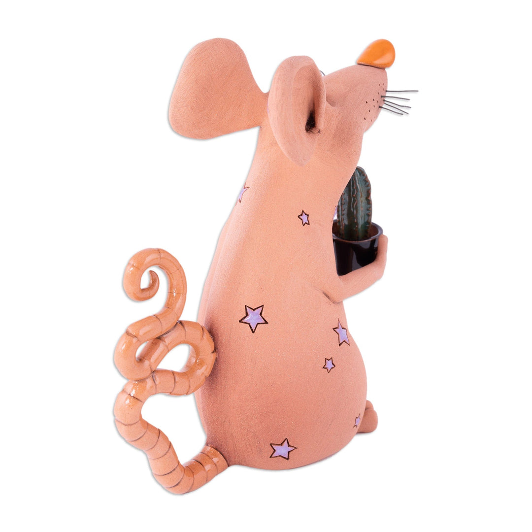 Mouse with Cactus Ceramic Figurine Made and Painted by Hand - Cactus Mouse