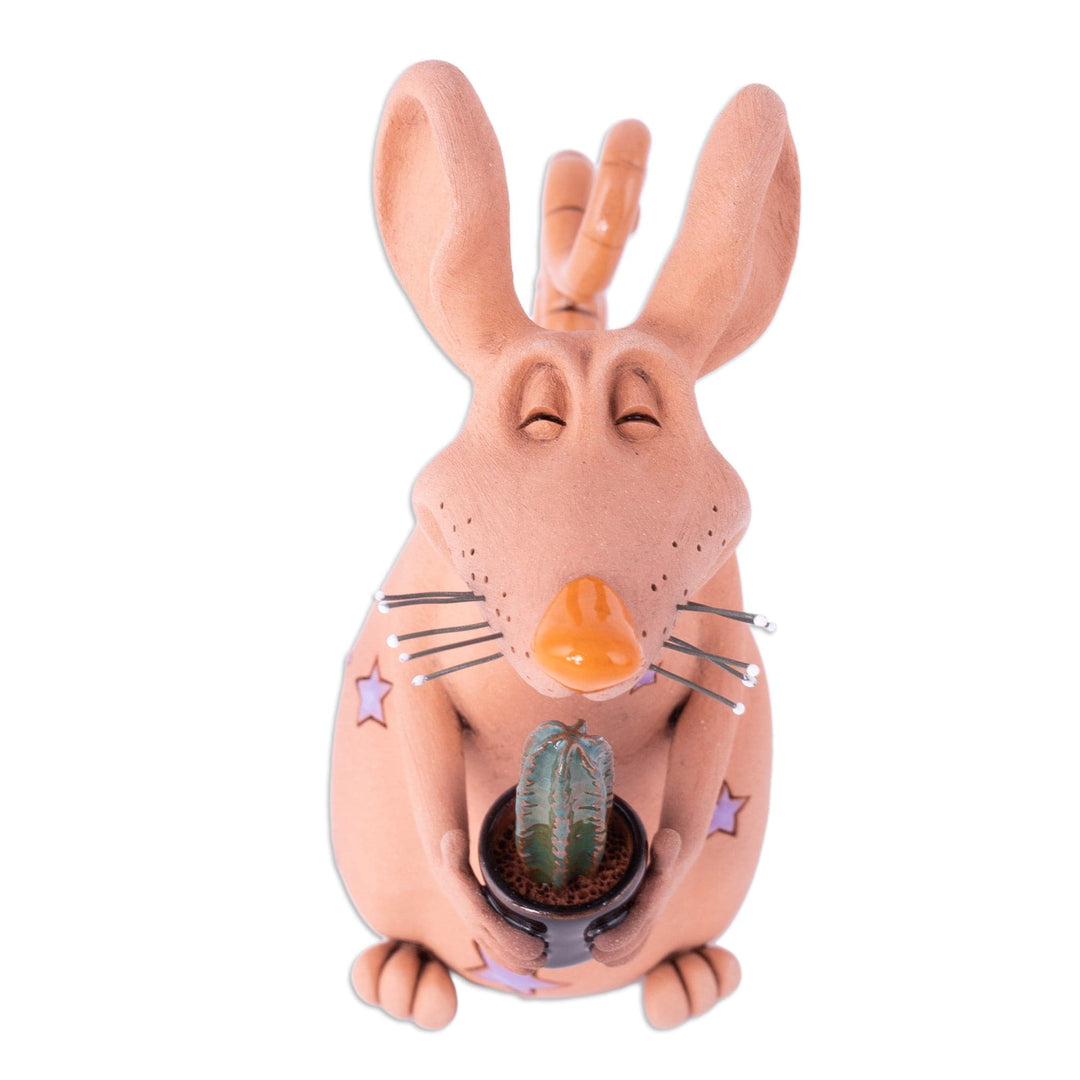Mouse with Cactus Ceramic Figurine Made and Painted by Hand - Cactus Mouse