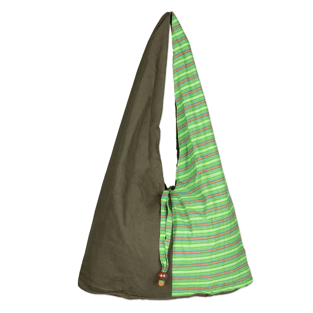Handcrafted Green Striped Cotton Shoulder Bag from Java - Green Lurik