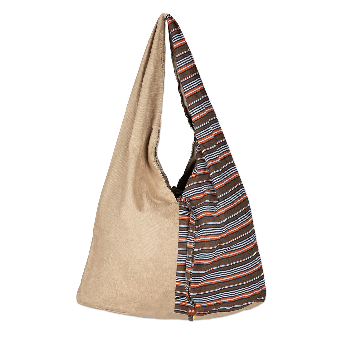 Handcrafted Brown Striped Cotton Shoulder Bag from Java - Brown Lurik