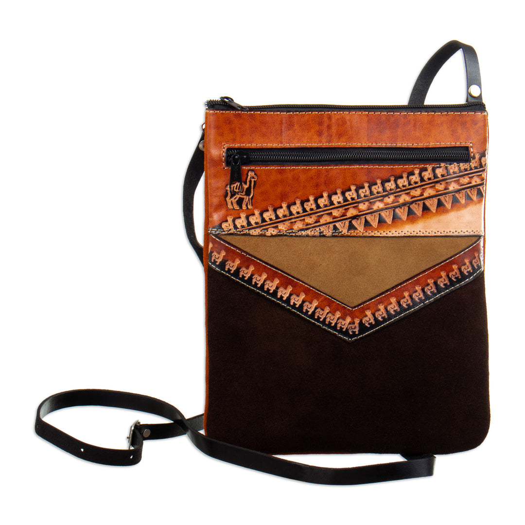 Handcrafted Leather-Accented Suede Sling with Llama Motifs - Andean Procession