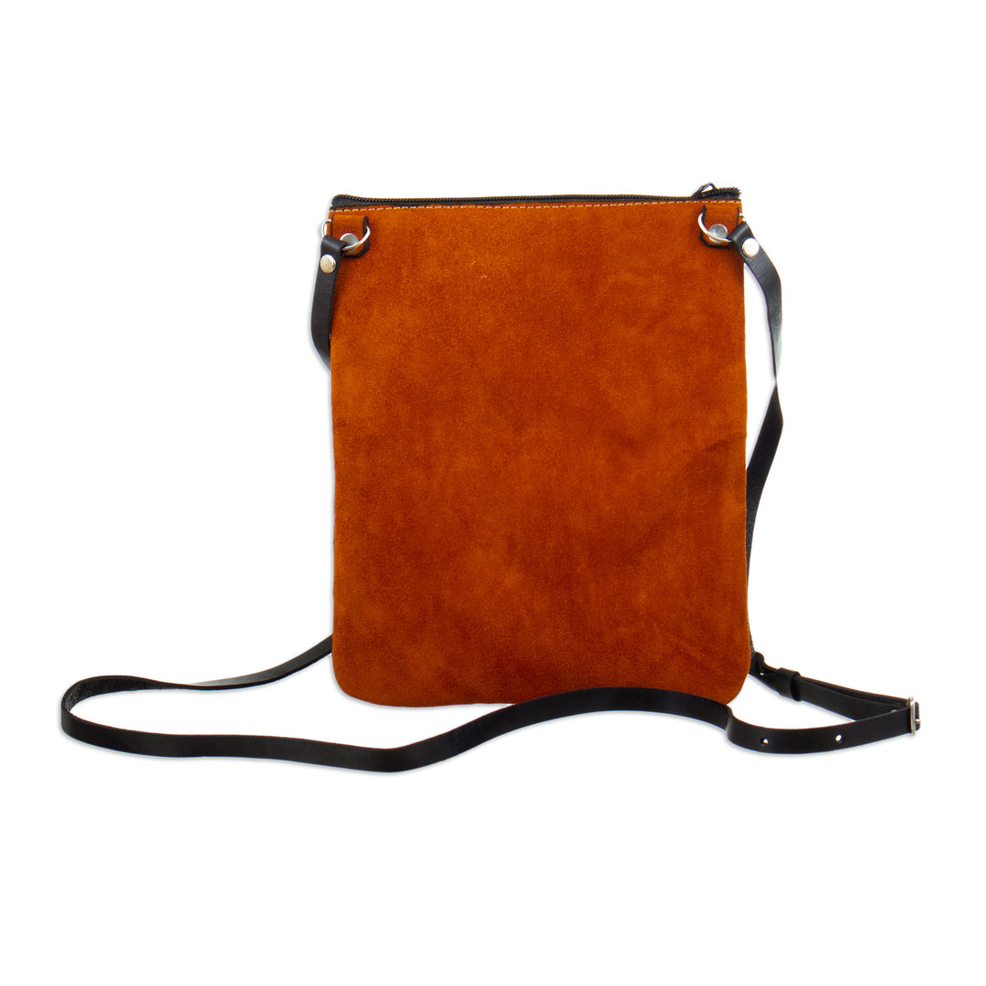 Handcrafted Leather-Accented Suede Sling with Llama Motifs - Andean Procession