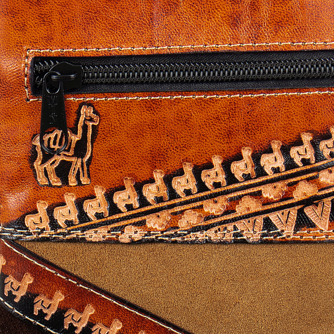 Handcrafted Leather-Accented Suede Sling with Llama Motifs - Andean Procession
