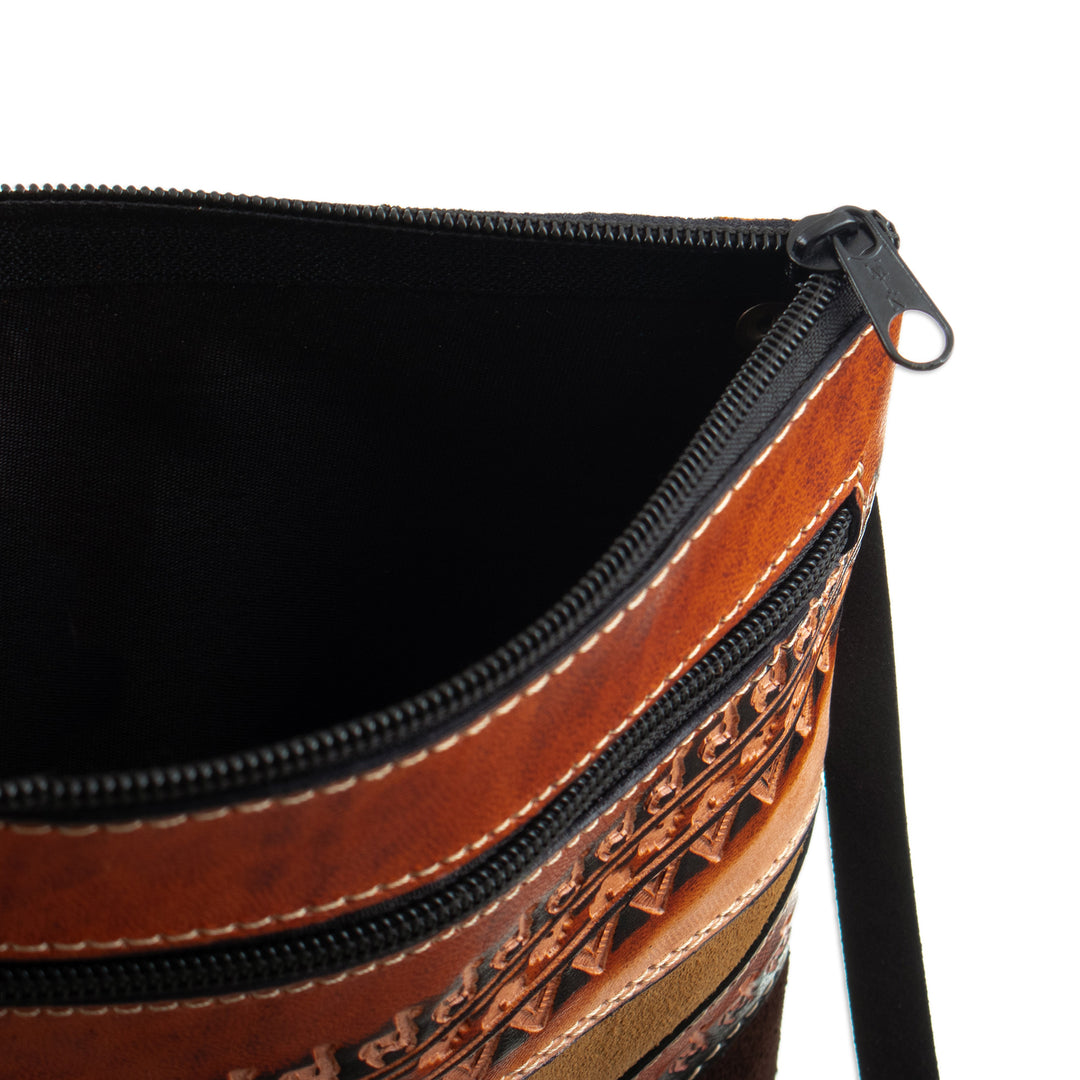 Handcrafted Leather-Accented Suede Sling with Llama Motifs - Andean Procession