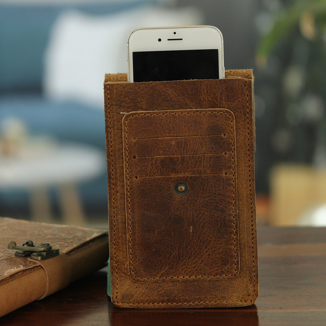 Handcrafted Brown Leather Phone Case with Snap Closure - Secret on Trend