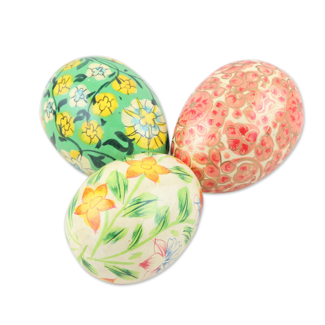 Set of Three Kashmir-Themed Papier Mache Eggs from India - Easter in Kashmir