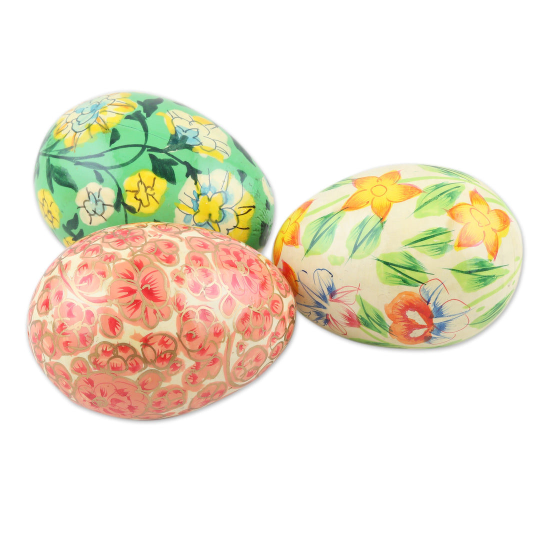 Set of Three Kashmir-Themed Papier Mache Eggs from India - Easter in Kashmir