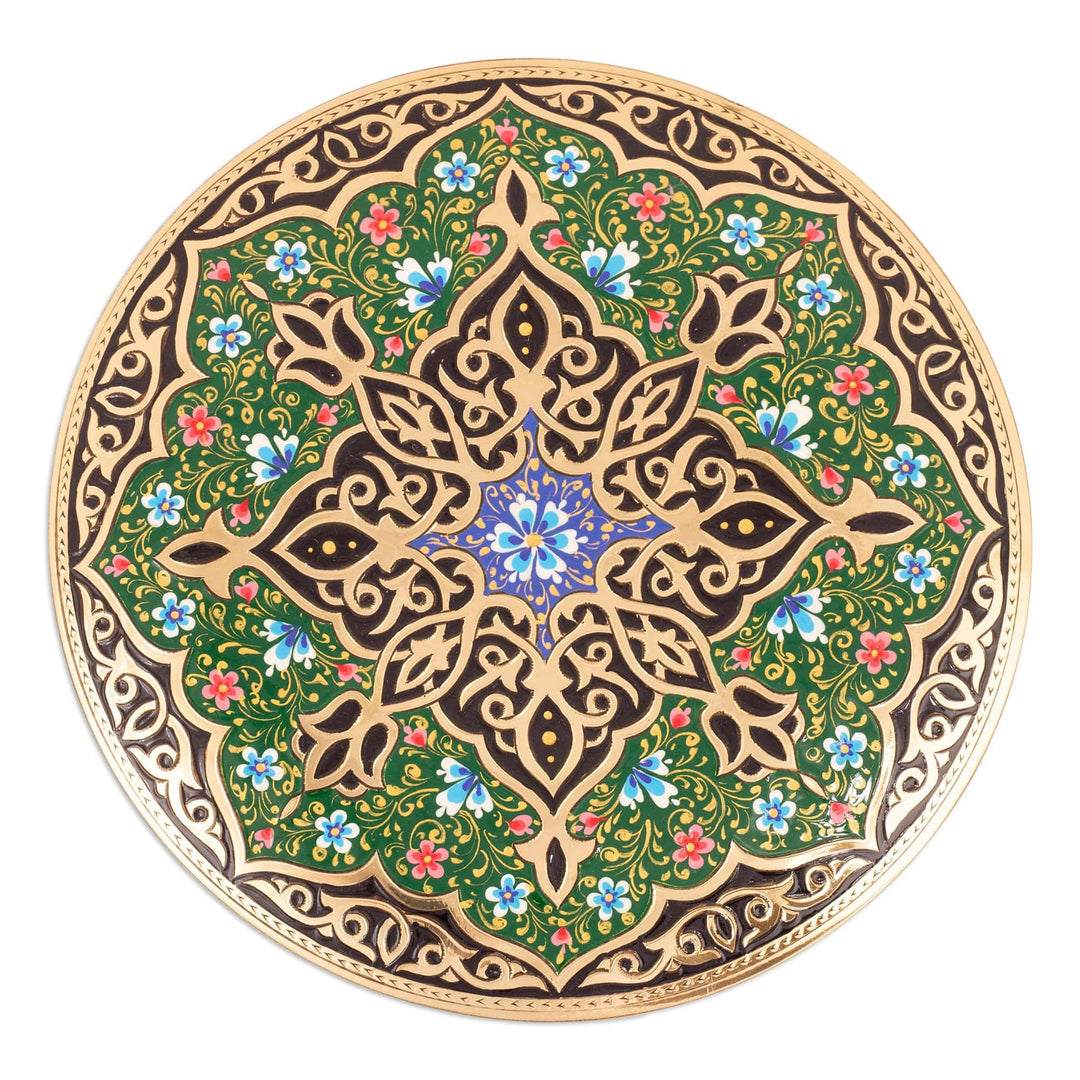 Green and Black Geometric Brass Wall Art from Uzbekistan - Bukhara's Green Paradise