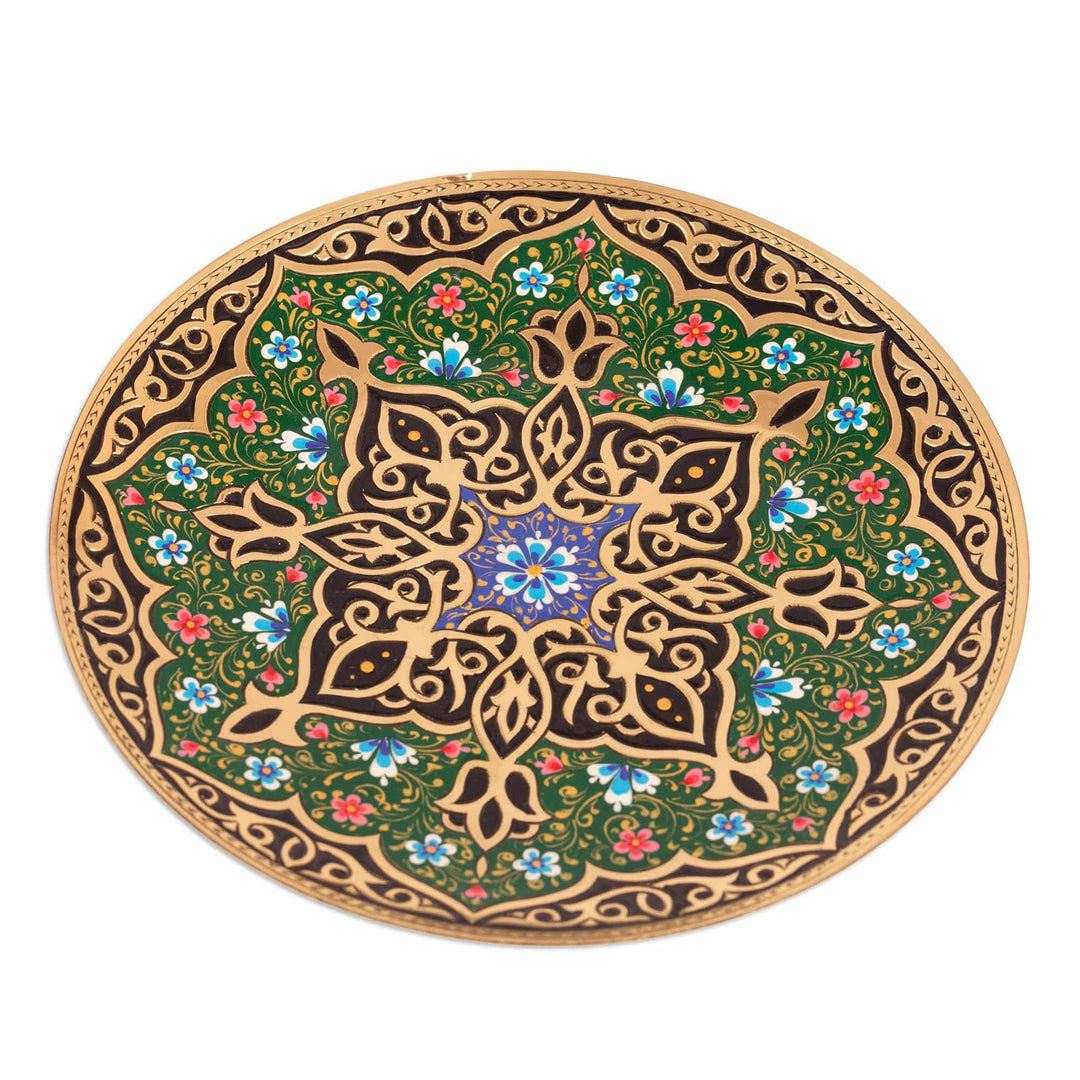 Green and Black Geometric Brass Wall Art from Uzbekistan - Bukhara's Green Paradise