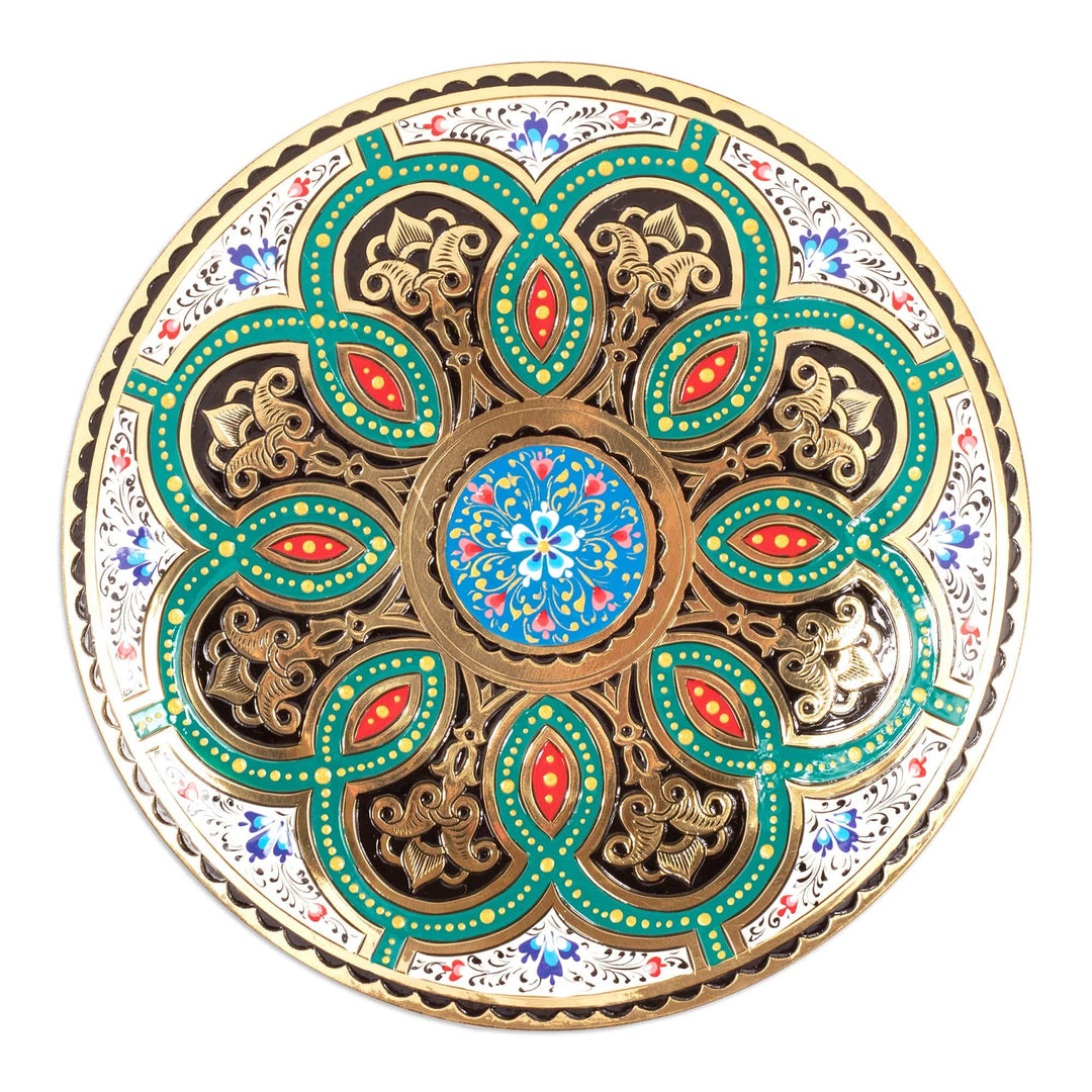 Green and White Floral Brass Wall Art from Uzbekistan - Heaven's Blossom