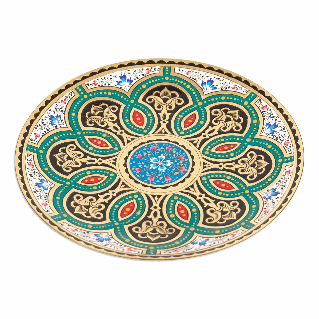 Green and White Floral Brass Wall Art from Uzbekistan - Heaven's Blossom