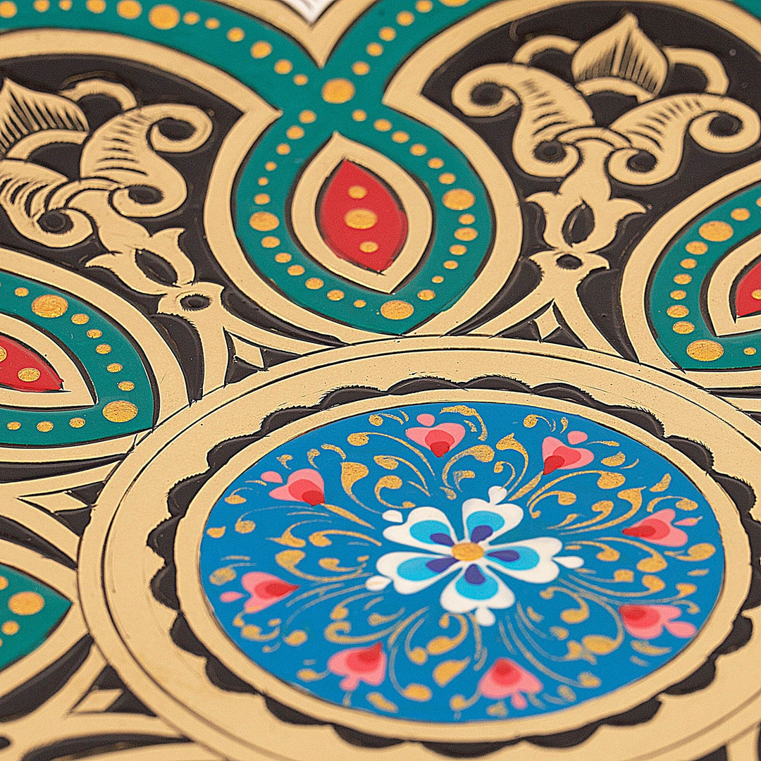 Green and White Floral Brass Wall Art from Uzbekistan - Heaven's Blossom