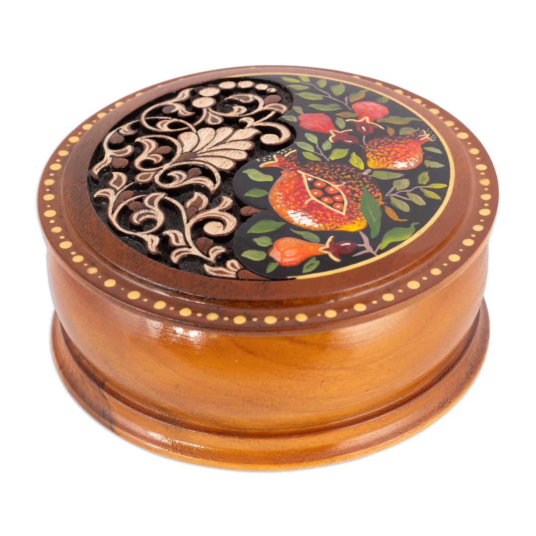 Leafy and Pomegranate-Themed Round Walnut Wood Jewelry Box - Pomegranate Treasure