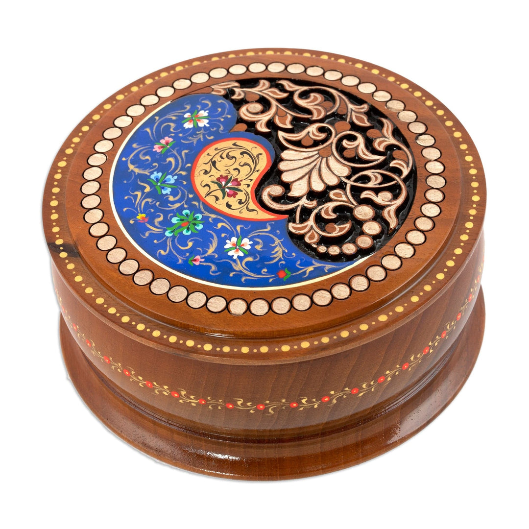 Handcrafted Paisley Round Walnut Wood Jewelry Box in Blue - Blue Paisley Glory