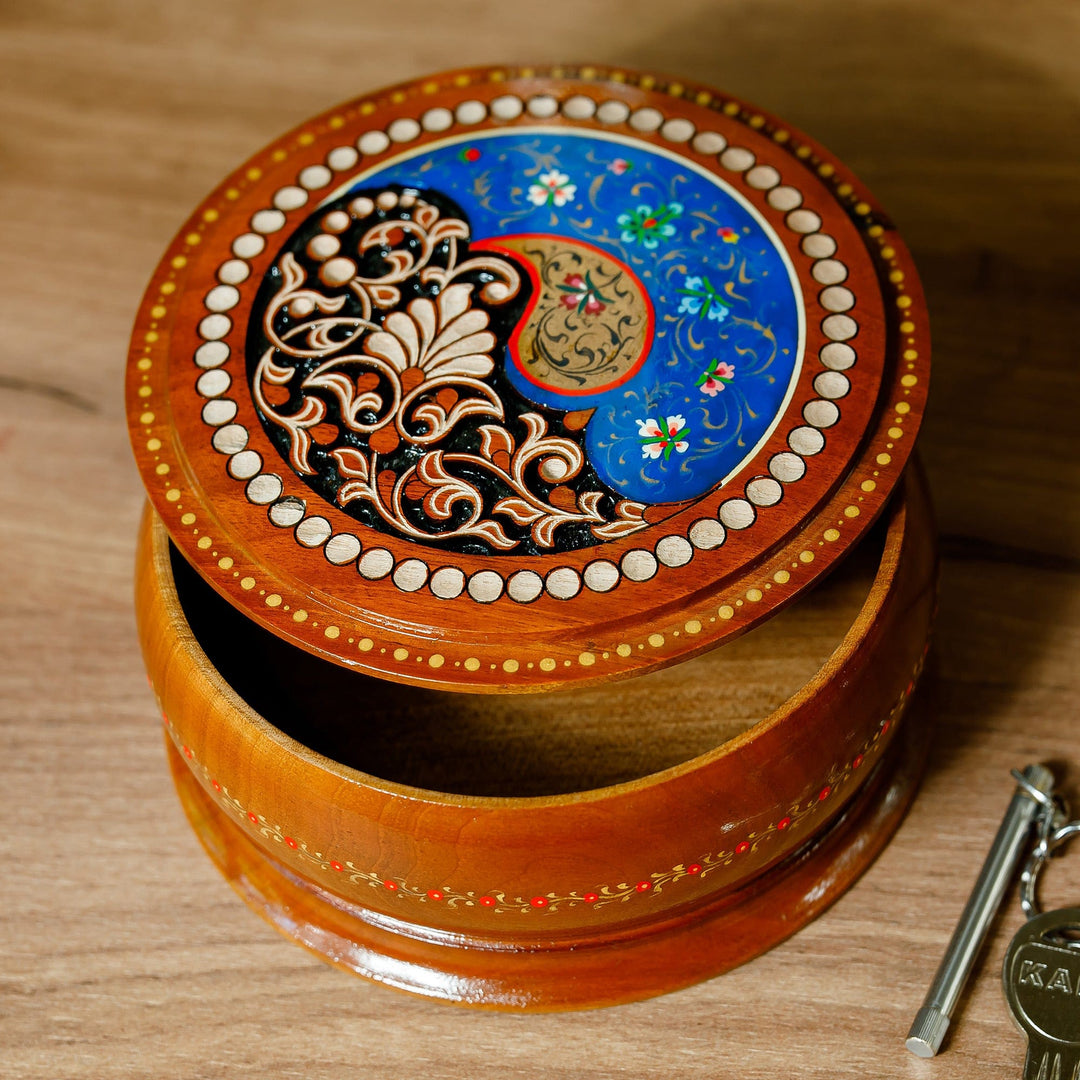 Handcrafted Paisley Round Walnut Wood Jewelry Box in Blue - Blue Paisley Glory