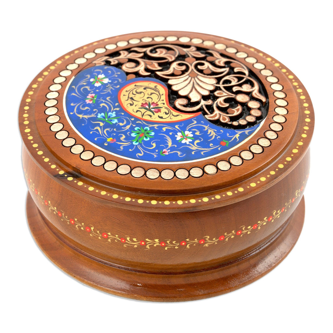 Handcrafted Paisley Round Walnut Wood Jewelry Box in Blue - Blue Paisley Glory