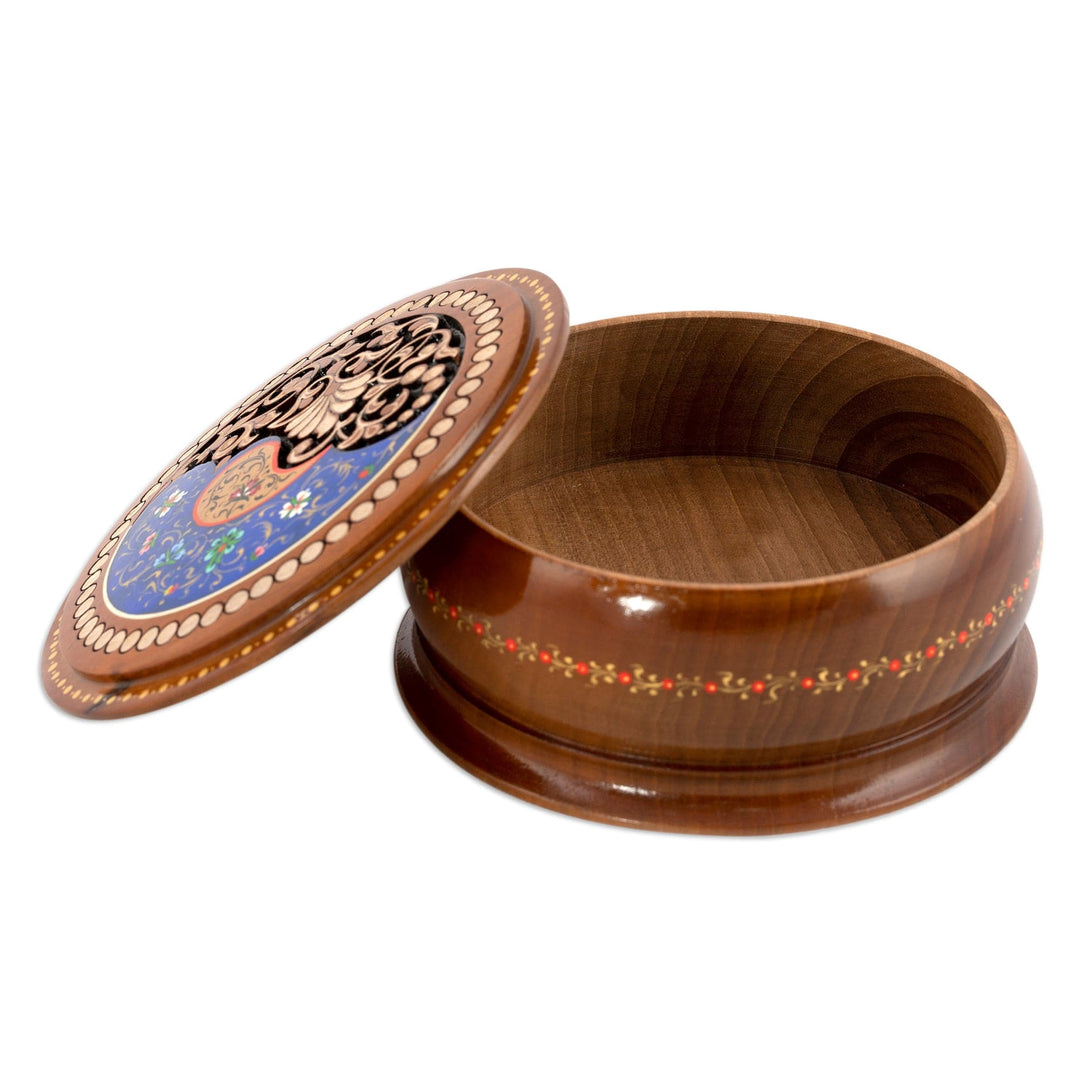 Handcrafted Paisley Round Walnut Wood Jewelry Box in Blue - Blue Paisley Glory