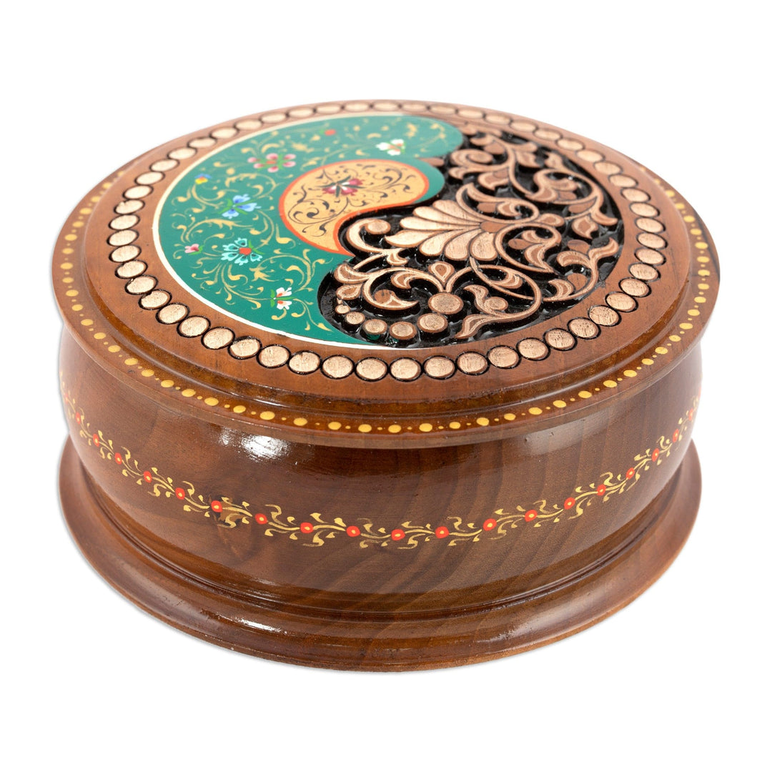 Handcrafted Paisley Round Walnut Wood Jewelry Box in Green - Green Paisley Glory