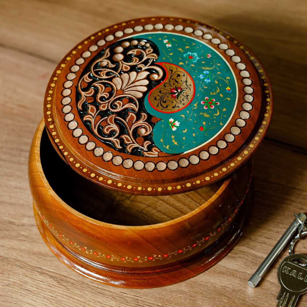 Handcrafted Paisley Round Walnut Wood Jewelry Box in Green - Green Paisley Glory