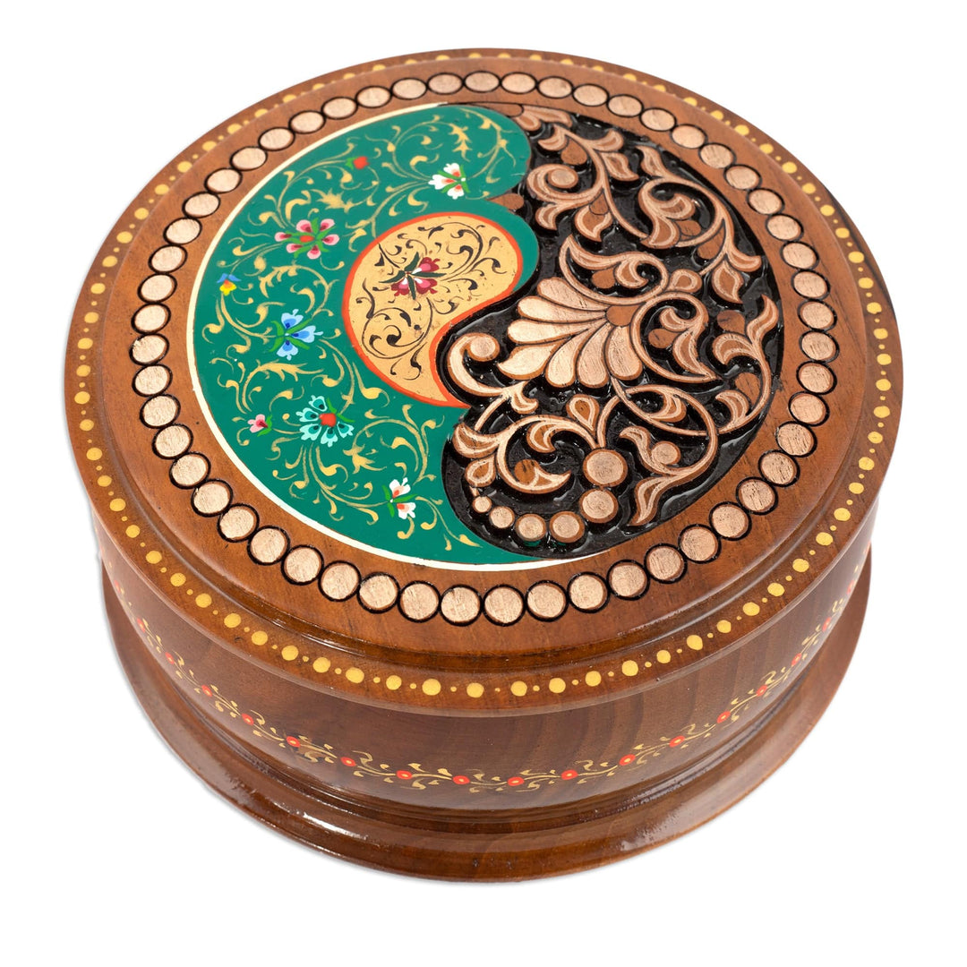 Handcrafted Paisley Round Walnut Wood Jewelry Box in Green - Green Paisley Glory