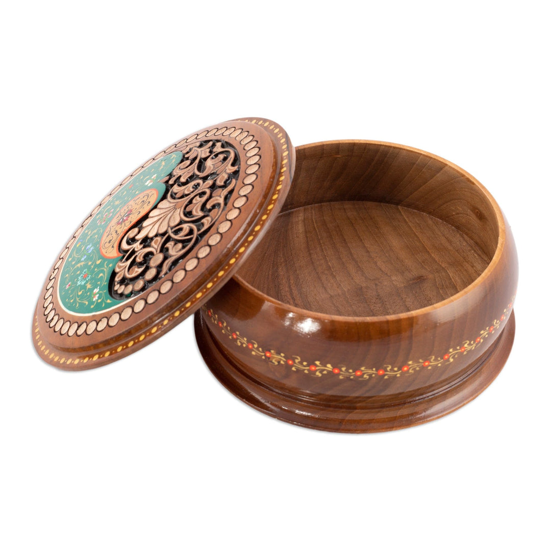 Handcrafted Paisley Round Walnut Wood Jewelry Box in Green - Green Paisley Glory