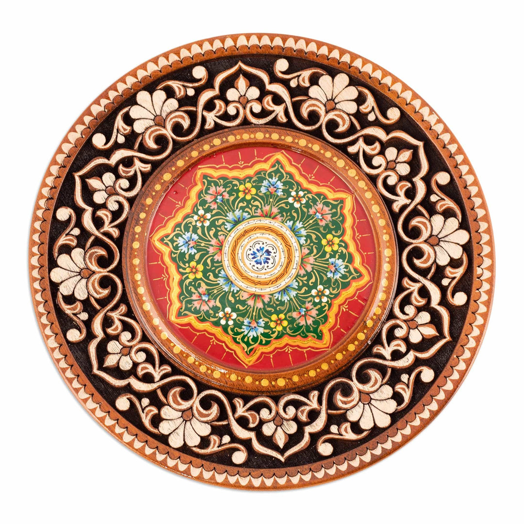 Hand-Carved Floral Walnut Wood Wall Art in Red - Uzbekistan Eden in Red