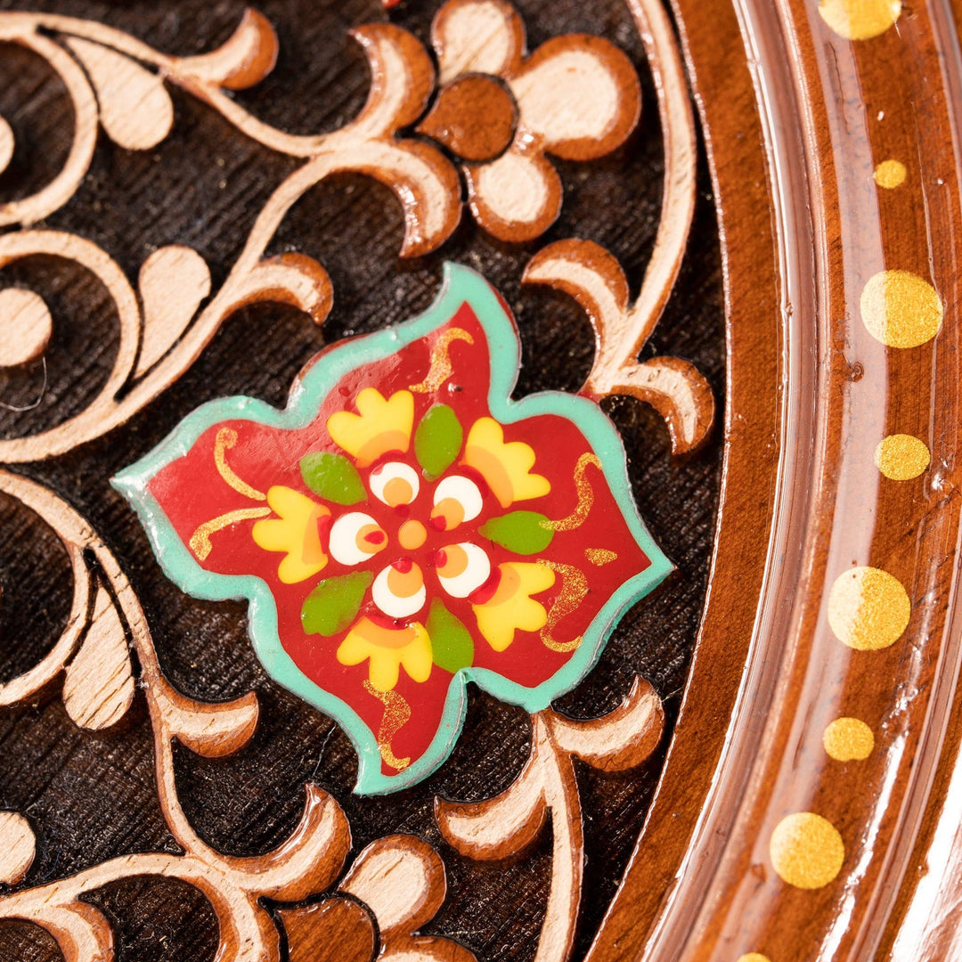 Hand-Carved Floral Walnut Wood Wall Art in Red - Uzbekistan Eden in Red