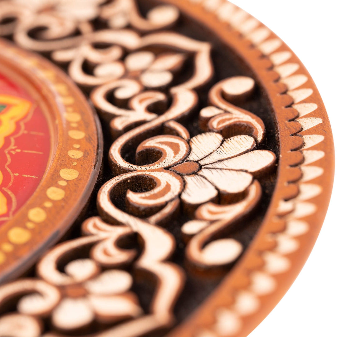 Hand-Carved Floral Walnut Wood Wall Art in Red - Uzbekistan Eden in Red
