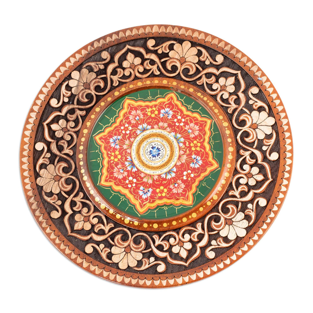 Hand-Carved Floral Walnut Wood Wall Art in Green - Uzbekistan Eden in Green