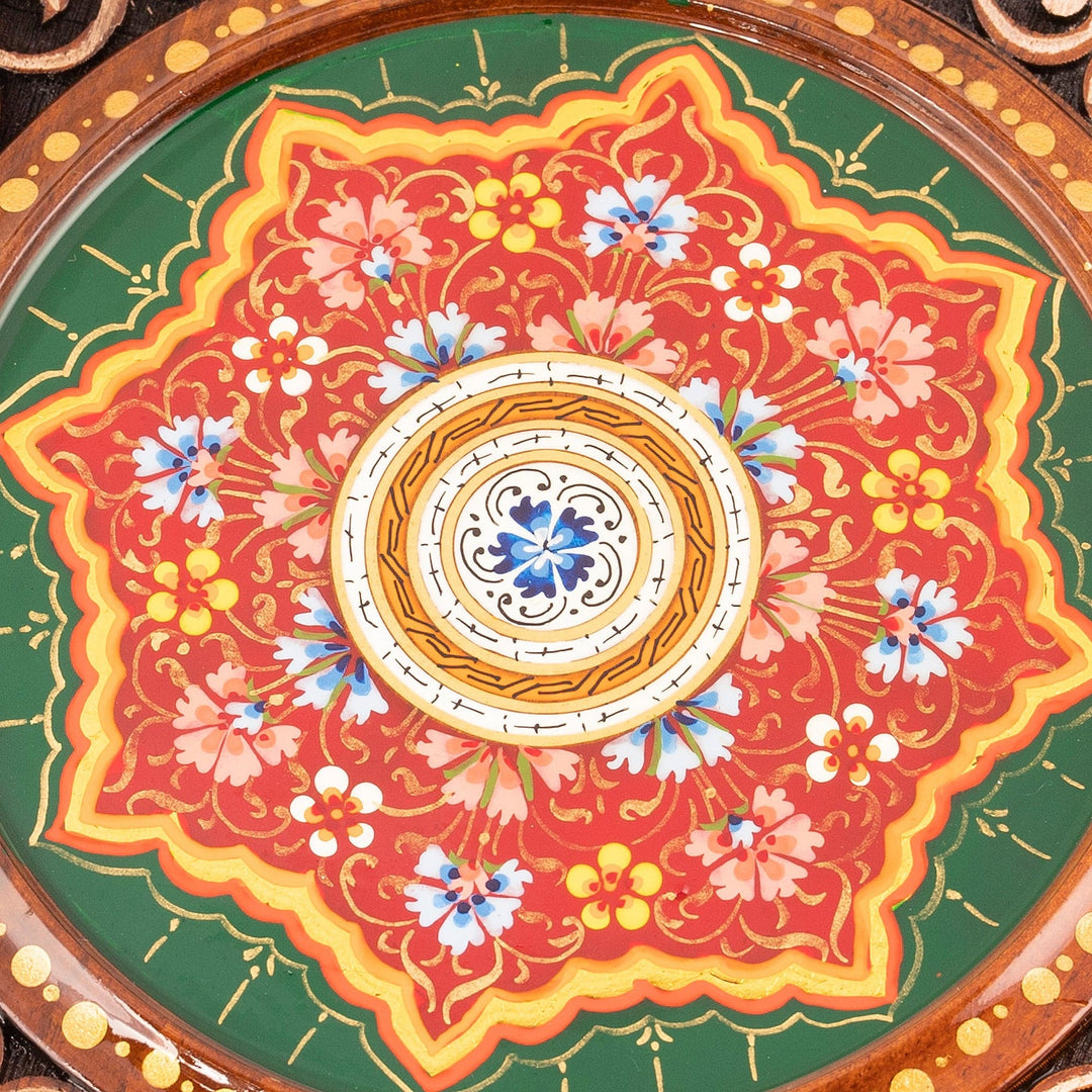 Hand-Carved Floral Walnut Wood Wall Art in Green - Uzbekistan Eden in Green