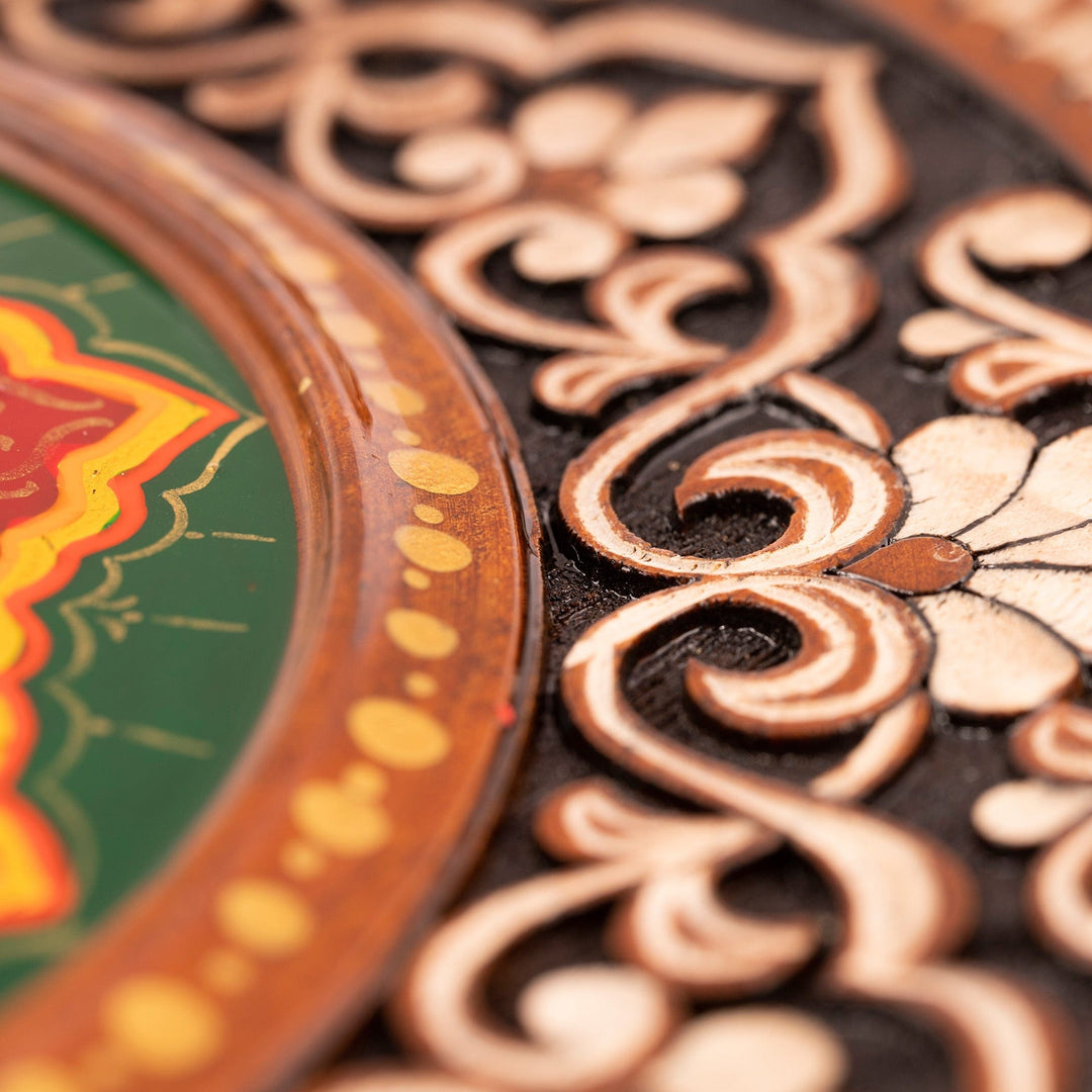 Hand-Carved Floral Walnut Wood Wall Art in Green - Uzbekistan Eden in Green