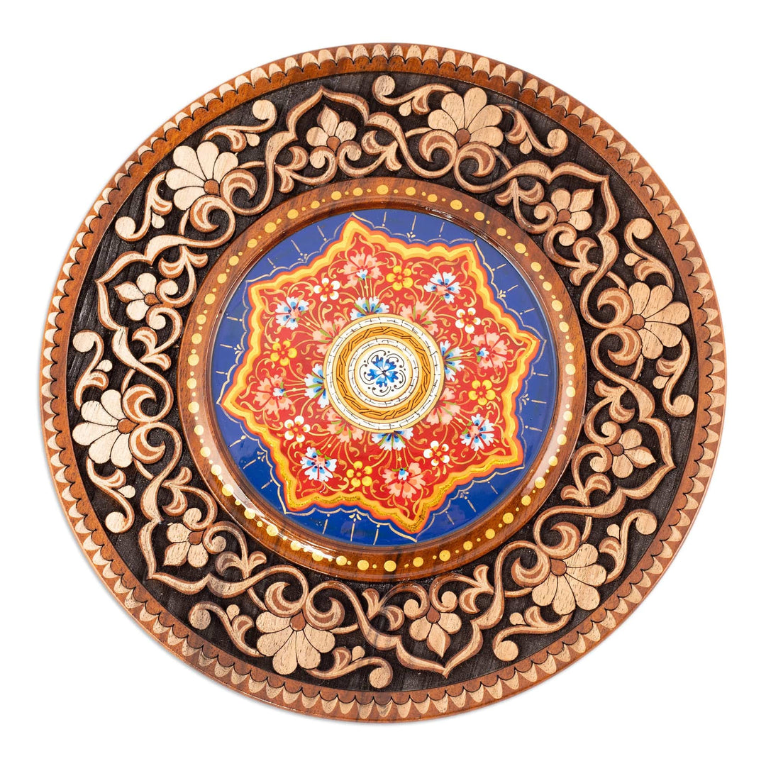Hand-Carved Floral Walnut Wood Wall Art in Blue - Uzbekistan Eden in Blue