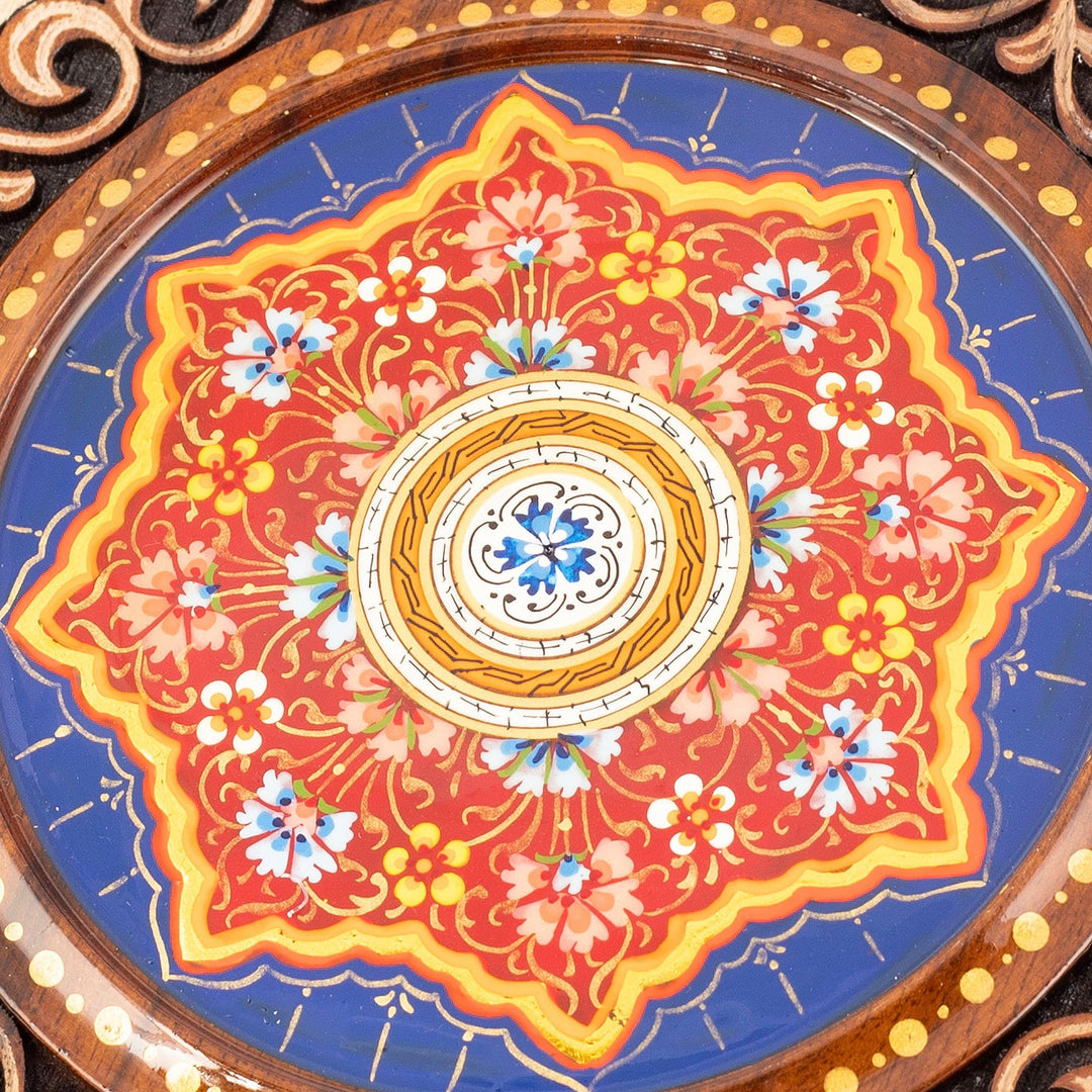 Hand-Carved Floral Walnut Wood Wall Art in Blue - Uzbekistan Eden in Blue