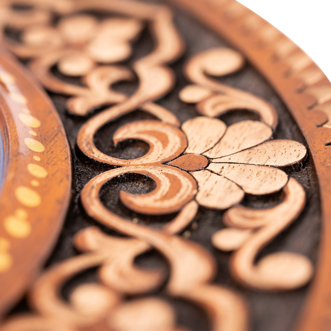 Hand-Carved Floral Walnut Wood Wall Art in Blue - Uzbekistan Eden in Blue