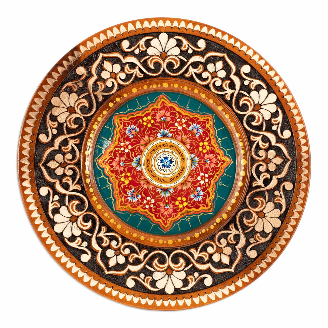 Hand-Carved Floral Walnut Wood Wall Art in Teal - Uzbekistan Eden in Teal