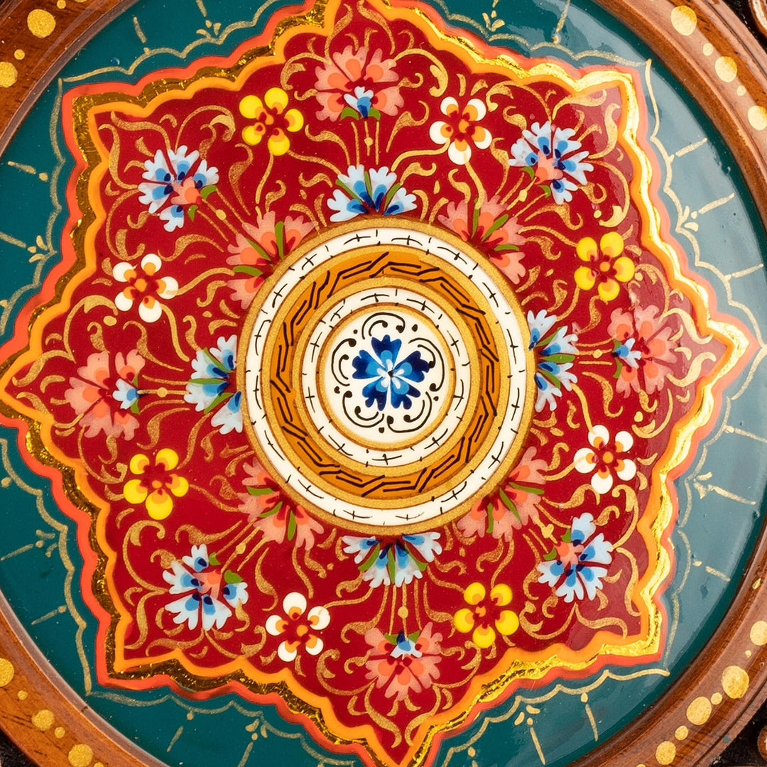 Hand-Carved Floral Walnut Wood Wall Art in Teal - Uzbekistan Eden in Teal