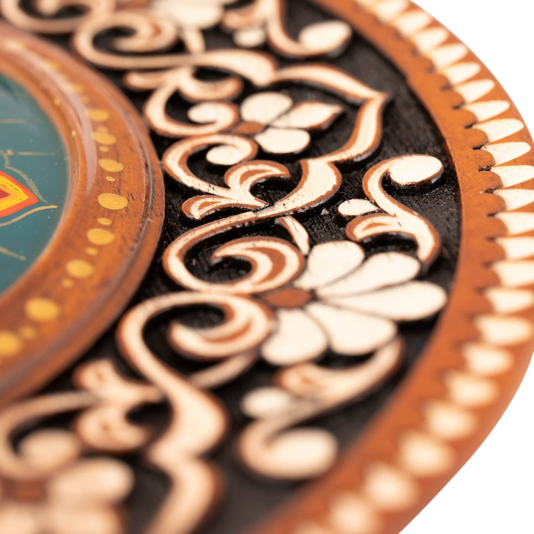 Hand-Carved Floral Walnut Wood Wall Art in Teal - Uzbekistan Eden in Teal