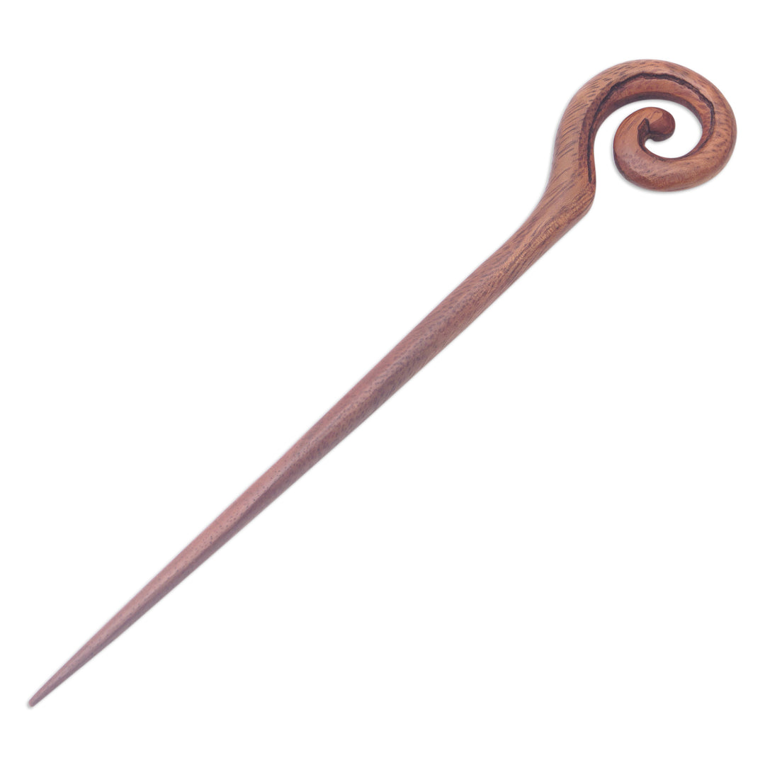 Traditional Hand-Carved Spiral Suar Wood Hair Pin From Bali - Style Spiral