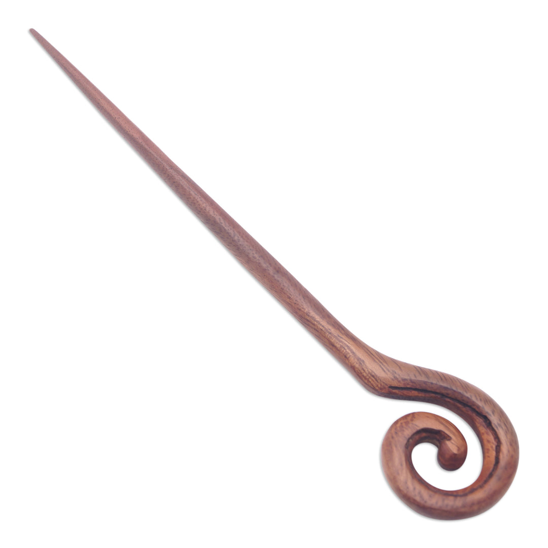 Traditional Hand-Carved Spiral Suar Wood Hair Pin From Bali - Style Spiral