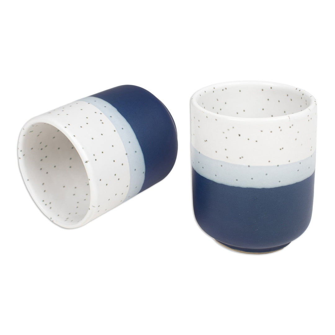 Set of 2 Speckled Ceramic Cups in Blue and White Hues - Snowy Midnight